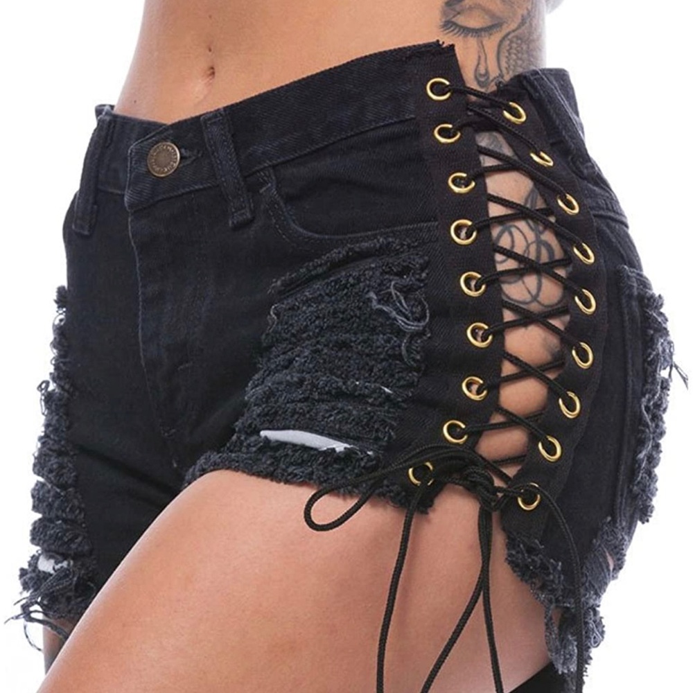 Black Demin festival high waisted Shorts with side ties